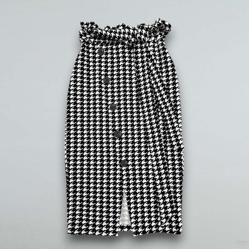 Houndstooth Paperbag Waist Button Front Midi Skirt XS US 2